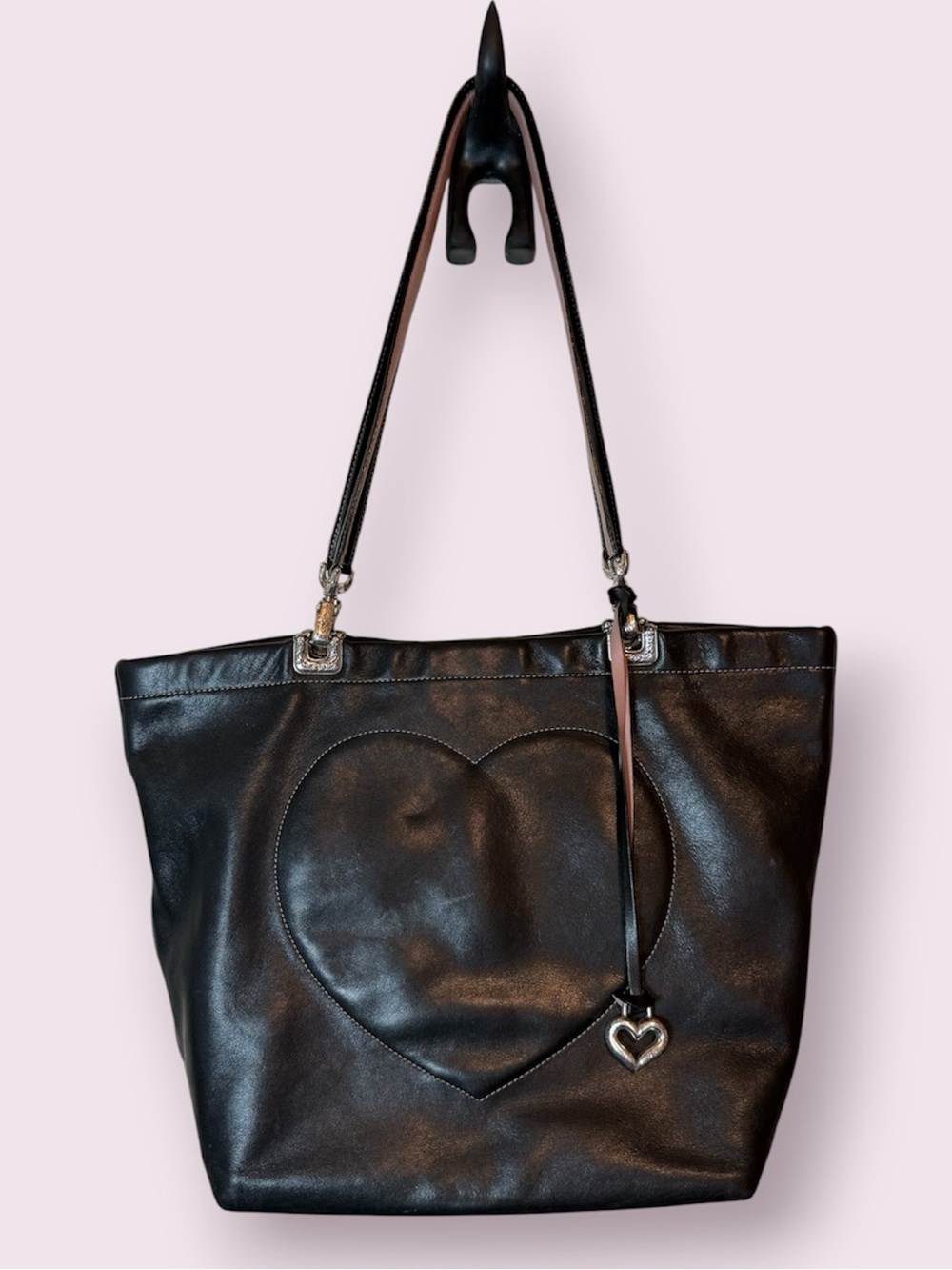 Brighton Black Leather Shoulder Tote Bag Pink Stitched Heart with Box & Dust Bag